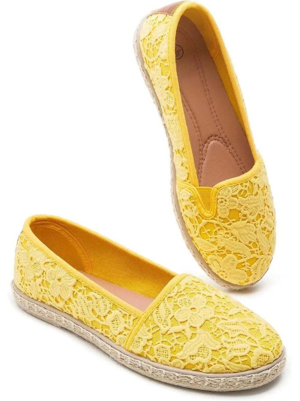 Womens Yellow Rubber Flower Embroidered Comfortable Round Toe Casual Ballet Flat